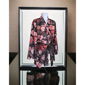 Cacique Lane Bryant Robe 22/24 Black Floral Wrap Waist Tie Lightweight‎ Short